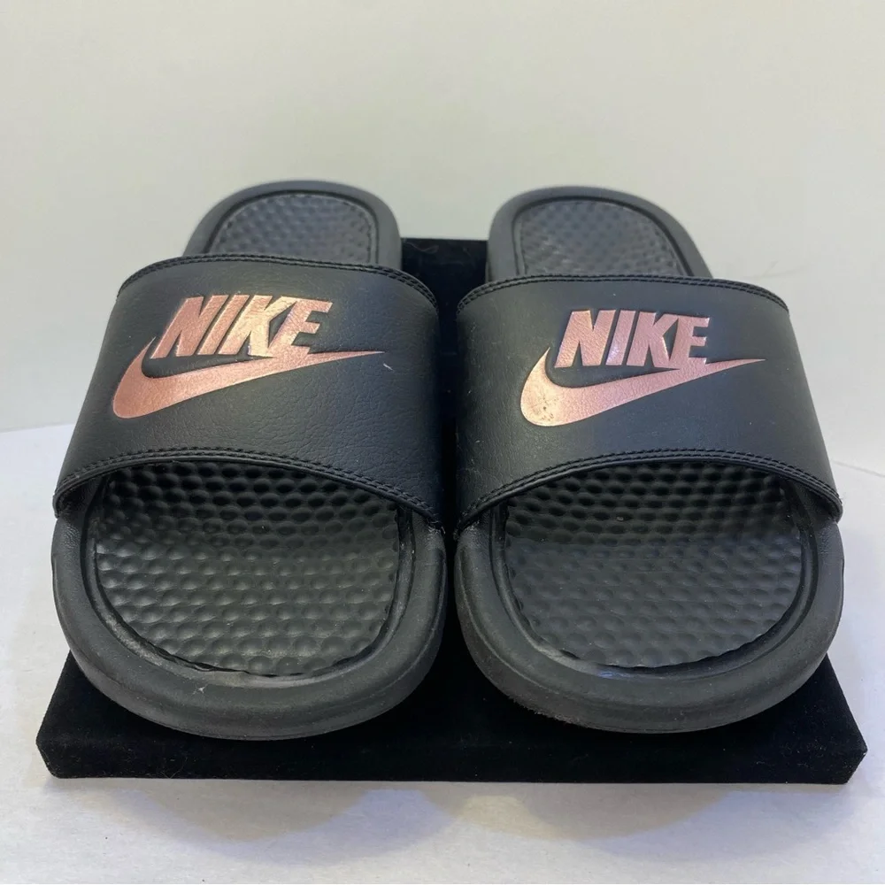 Nike Benassi JDI Slide Sandals Black Rose Gold Logo US 6 Comfort Slides